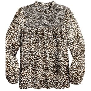 J. Crew Smocked Button Back Top in Leopard Print